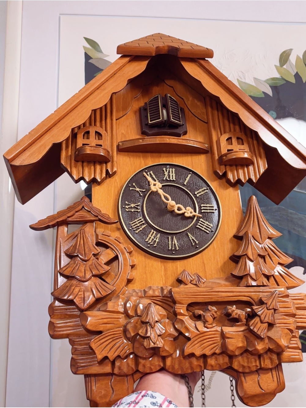 Hand-Carved Wooden Cuckoo Clock - Brown